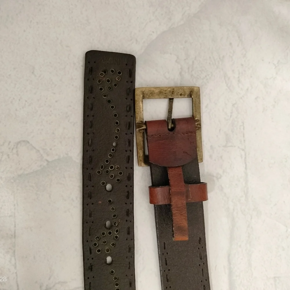 Unisex Brown Leather Belt Embossed Brass Brads Buckle Diecut Western Retro